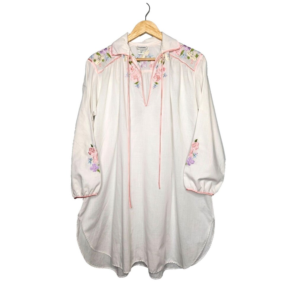 Vintage 80s NATORI Nightgown Medium Sleep Shirt Embroidered Boho Poet Collared